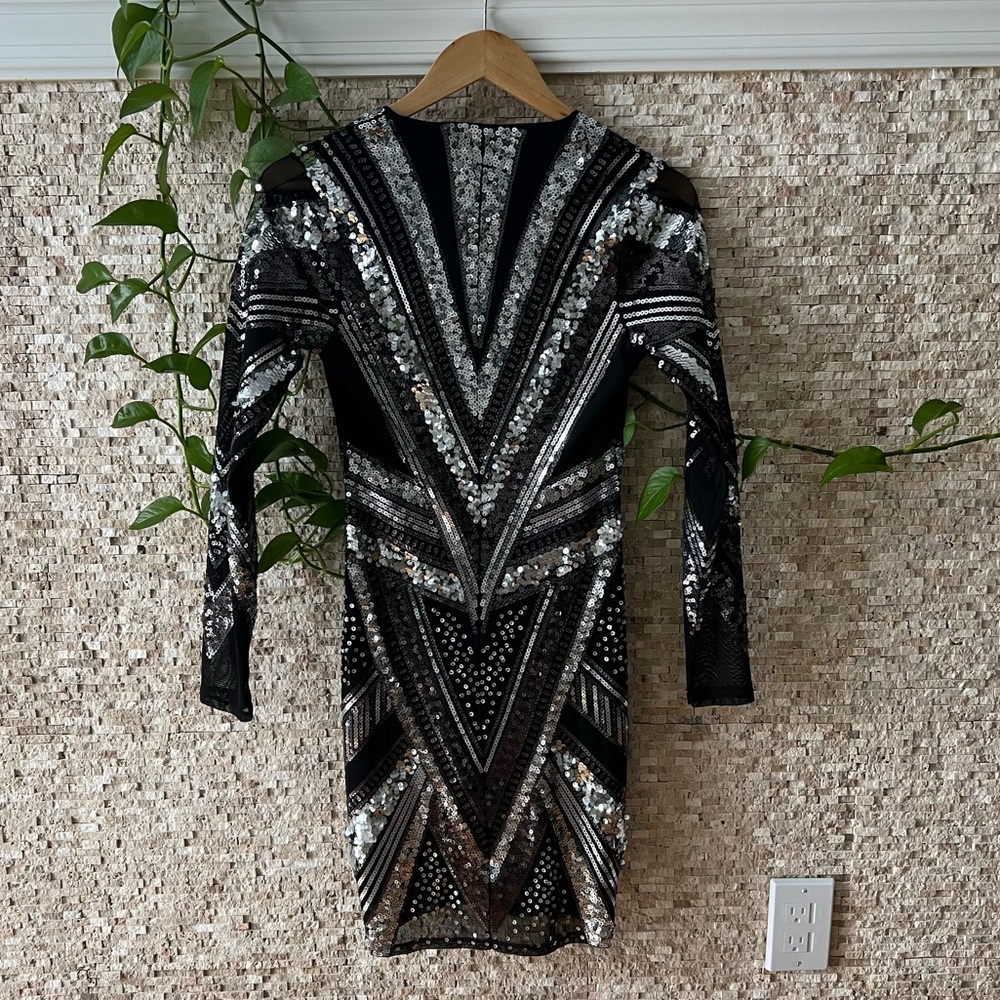 Black And Silver Patterned Sequin Mini Dress - image 5
